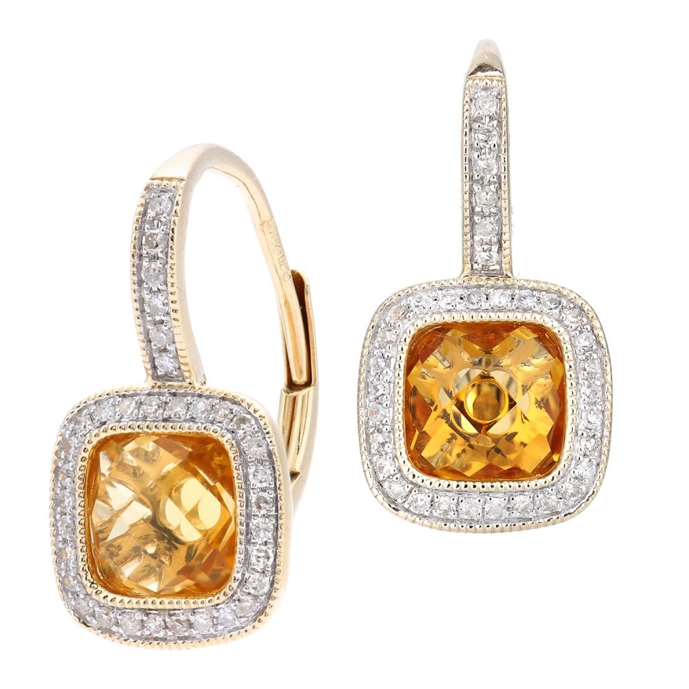 SPARKLD 9ct Yellow Gold Cushion Citrine and 0.20ct Diamond Drop Earrings