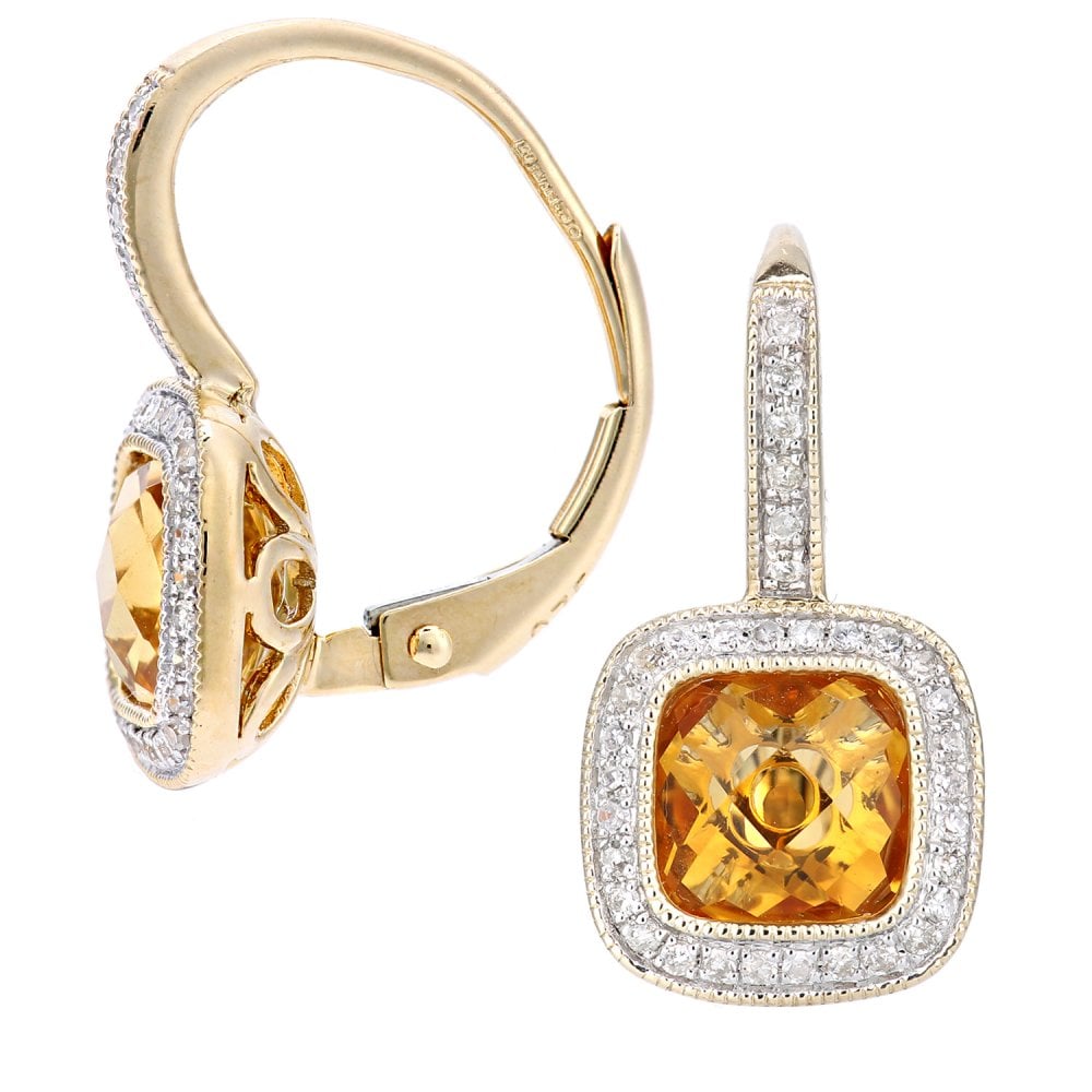 SPARKLD 9ct Yellow Gold Cushion Citrine and 0.20ct Diamond Drop Earrings
