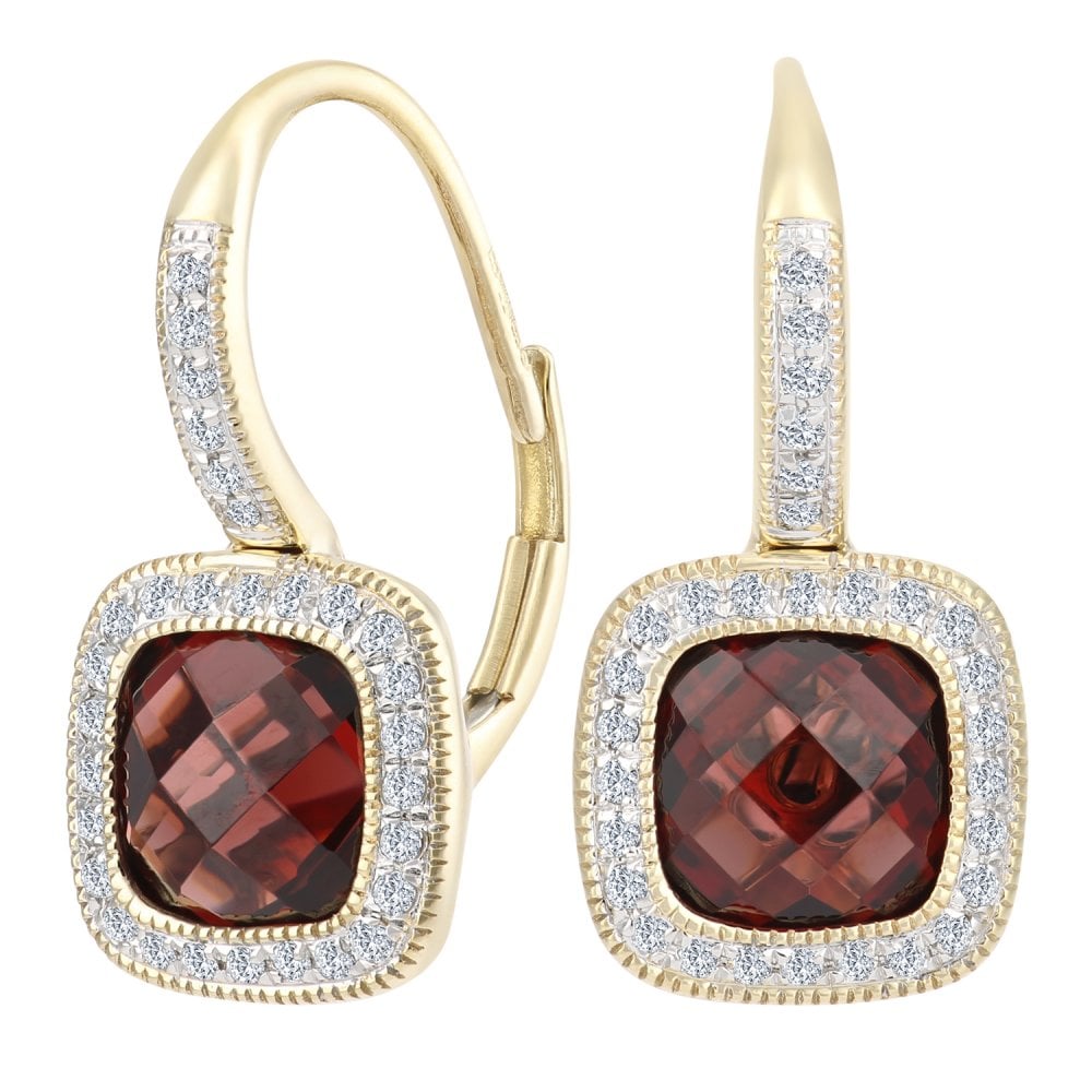 SPARKLD 9ct Yellow Gold Cushion Garnet and 0.20ct Diamond Drop Earrings