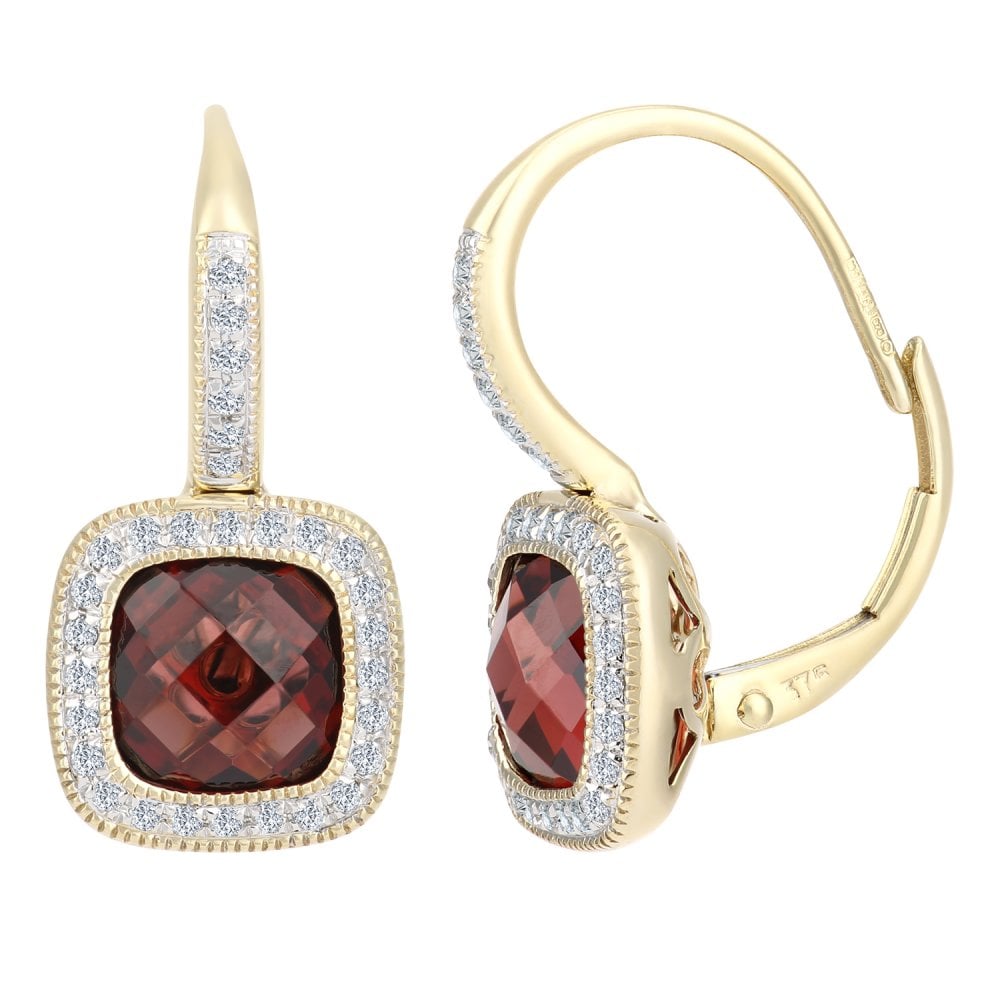 SPARKLD 9ct Yellow Gold Cushion Garnet and 0.20ct Diamond Drop Earrings