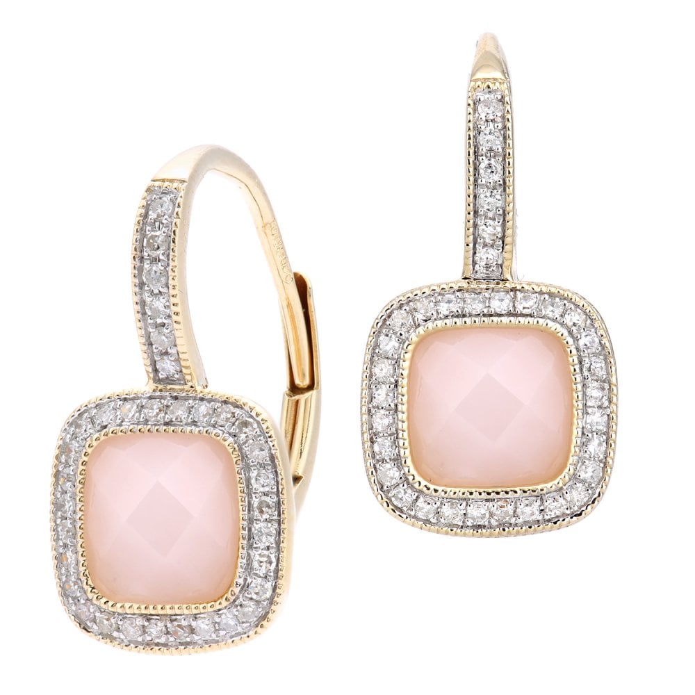 SPARKLD 9ct Yellow Gold Cushion Pink Opal and 0.20ct Diamond Drop Earrings