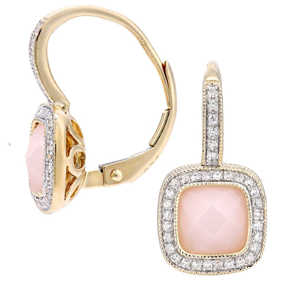 SPARKLD 9ct Yellow Gold Cushion Pink Opal and 0.20ct Diamond Drop Earrings