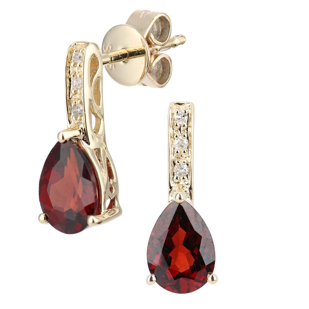 SPARKLD 9ct Yellow Gold Garnet Teardrop 0.03ct Diamond Drop Earrings