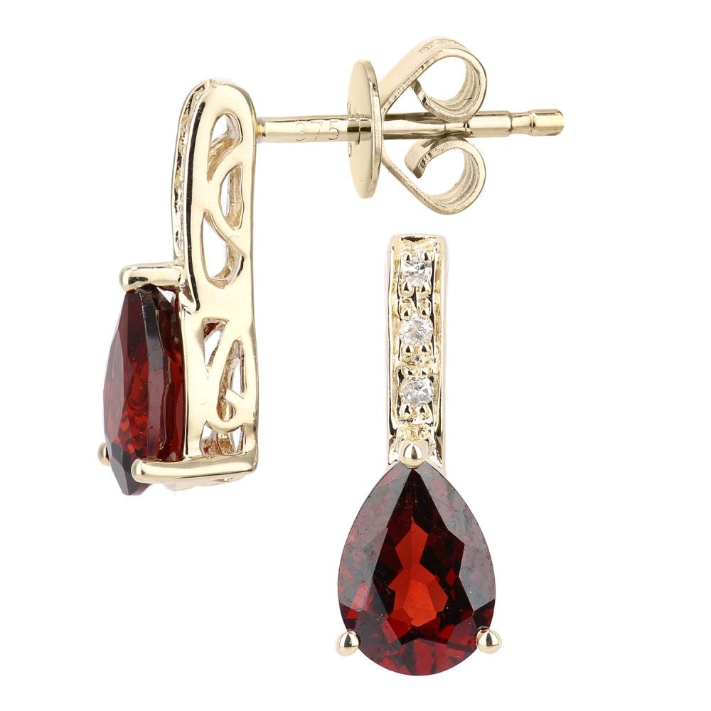 SPARKLD 9ct Yellow Gold Garnet Teardrop 0.03ct Diamond Drop Earrings