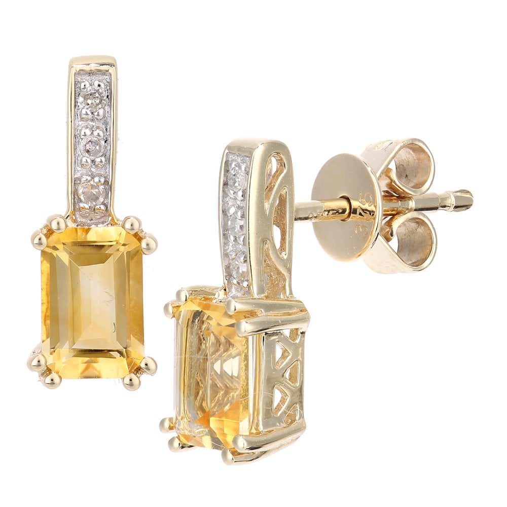 SPARKLD 9ct Yellow Gold Octagon Citrine and 0.03ct Diamond Drop Earrings