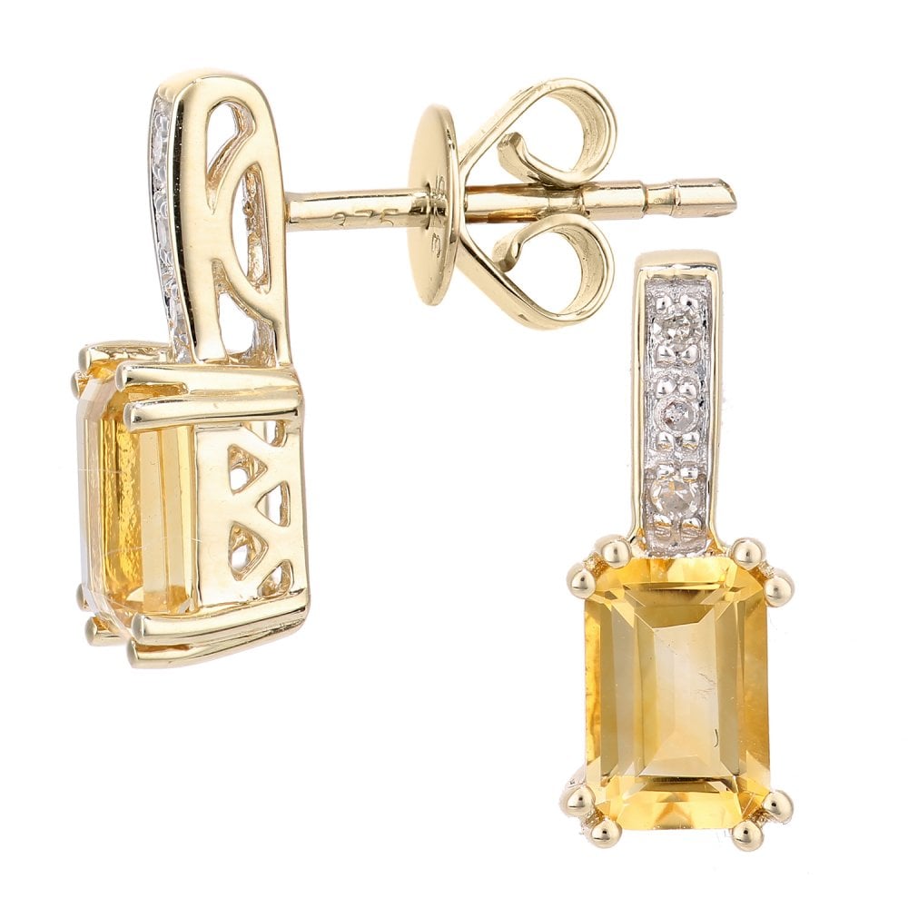 SPARKLD 9ct Yellow Gold Octagon Citrine and 0.03ct Diamond Drop Earrings