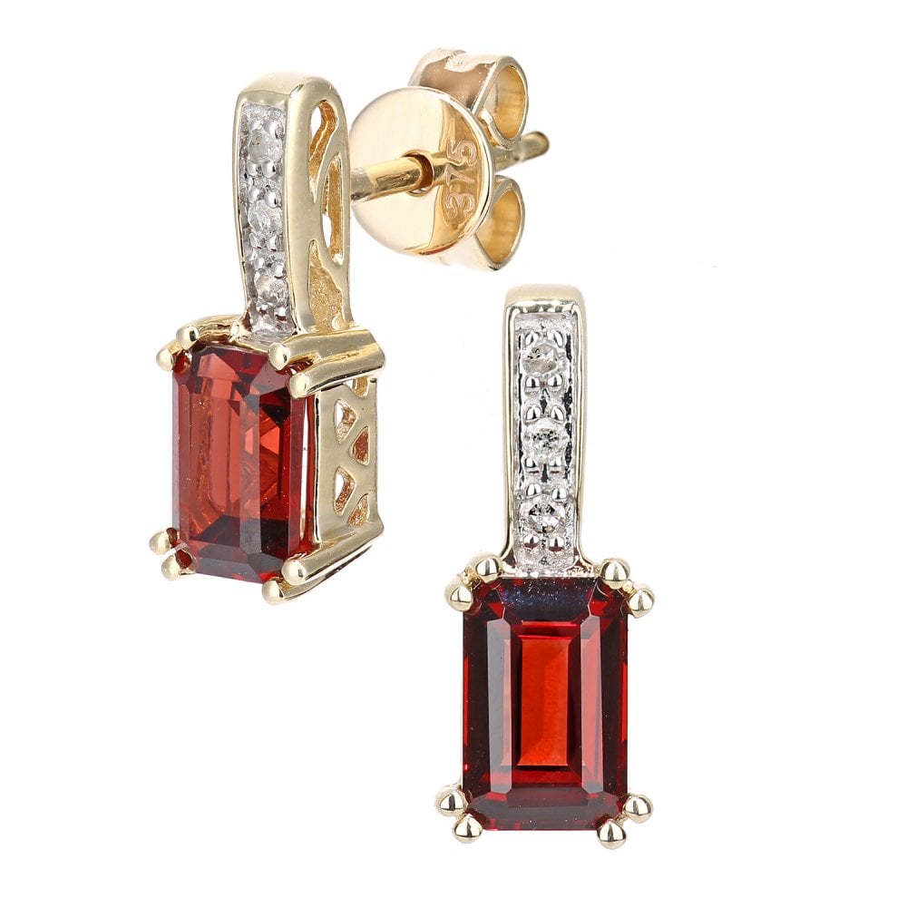 SPARKLD 9ct Yellow Gold Octagon Garnet and 0.03ct Diamond Drop Earrings