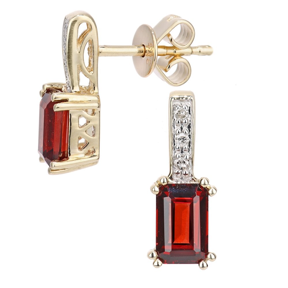 SPARKLD 9ct Yellow Gold Octagon Garnet and 0.03ct Diamond Drop Earrings