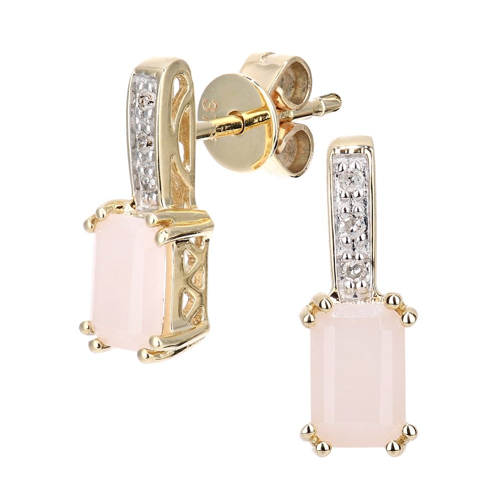 SPARKLD 9ct Yellow Gold Octagon Pink Opal and 0.03ct Diamond Drop Earrings