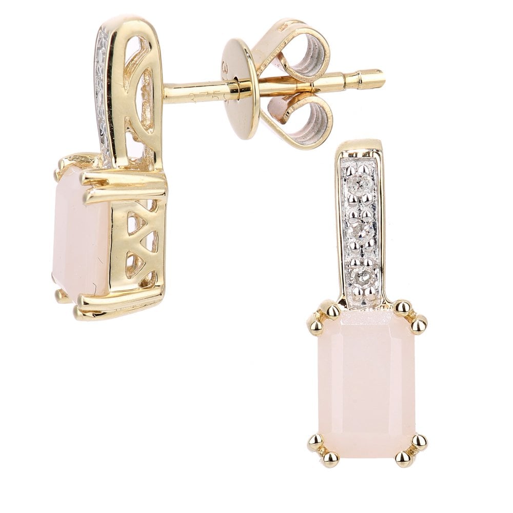 SPARKLD 9ct Yellow Gold Octagon Pink Opal and 0.03ct Diamond Drop Earrings