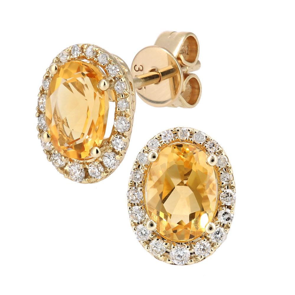 SPARKLD 9ct Yellow Gold Oval Citrine Cluster 0.20ct Diamond Stud Earrings
