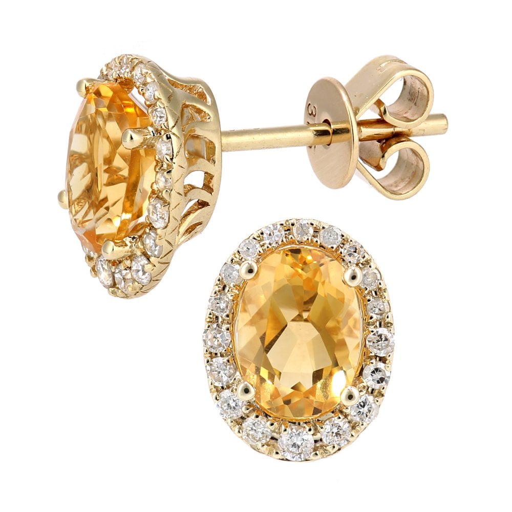 SPARKLD 9ct Yellow Gold Oval Citrine Cluster 0.20ct Diamond Stud Earrings