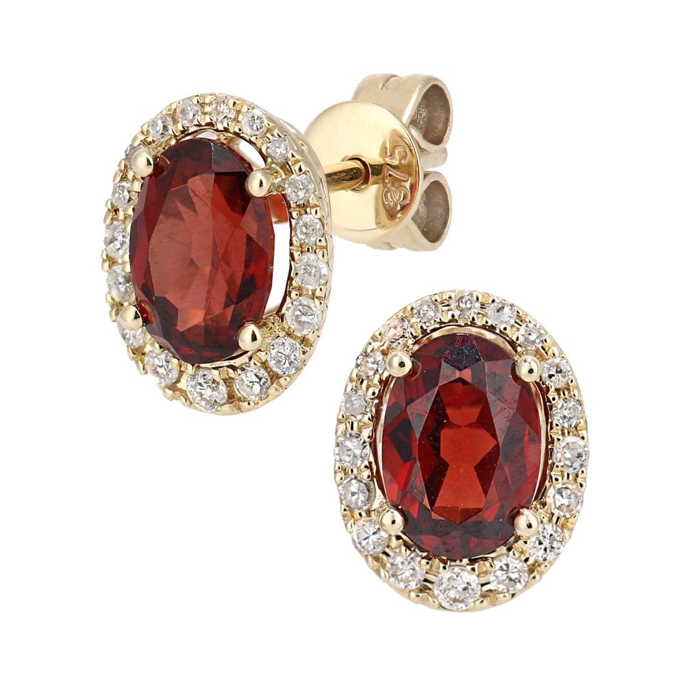 SPARKLD 9ct Yellow Gold Oval Garnet Cluster 0.20ct Diamond Stud Earrings