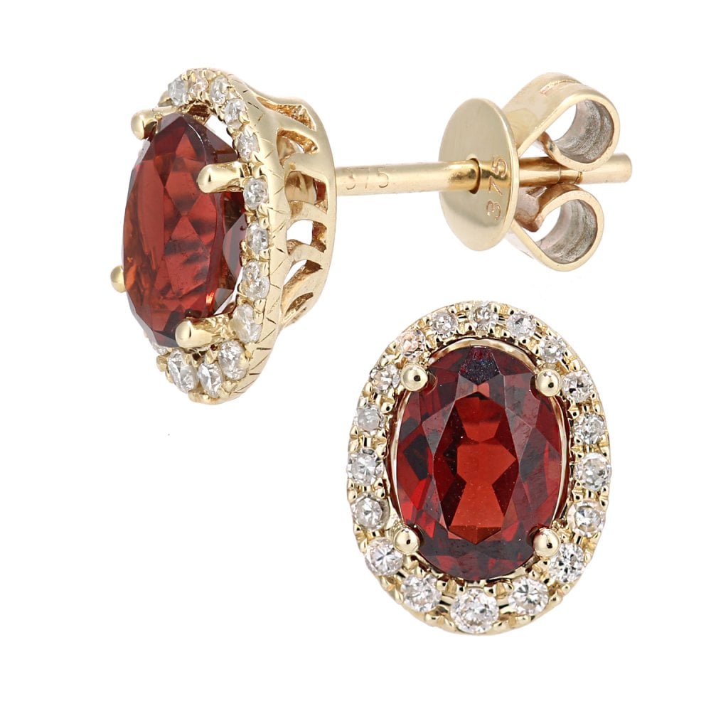 SPARKLD 9ct Yellow Gold Oval Garnet Cluster 0.20ct Diamond Stud Earrings