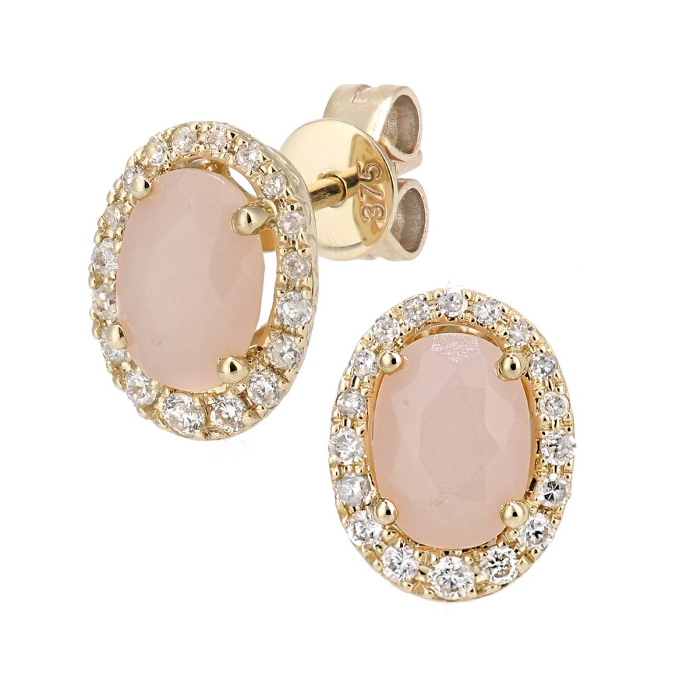 SPARKLD 9ct Yellow Gold Oval Pink Opal Cluster 0.20ct Diamond Stud Earrings