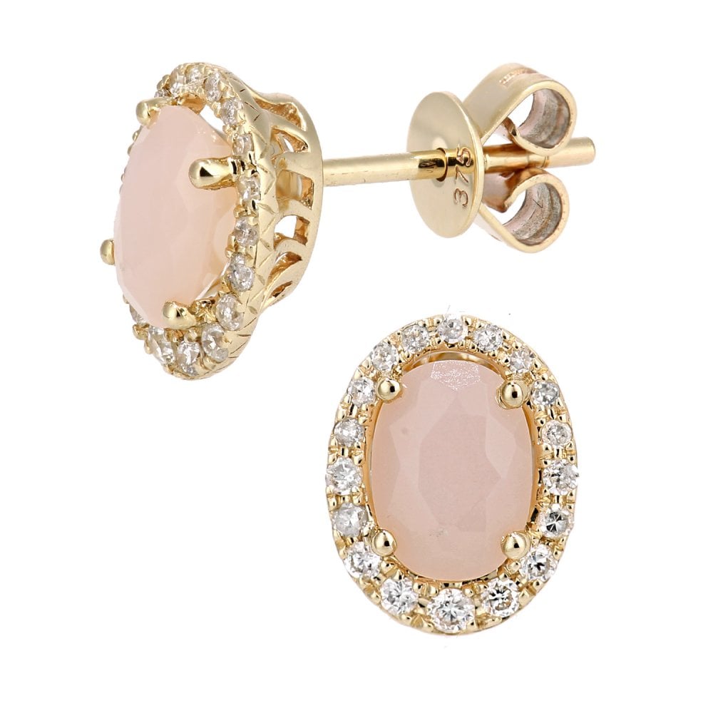 SPARKLD 9ct Yellow Gold Oval Pink Opal Cluster 0.20ct Diamond Stud Earrings