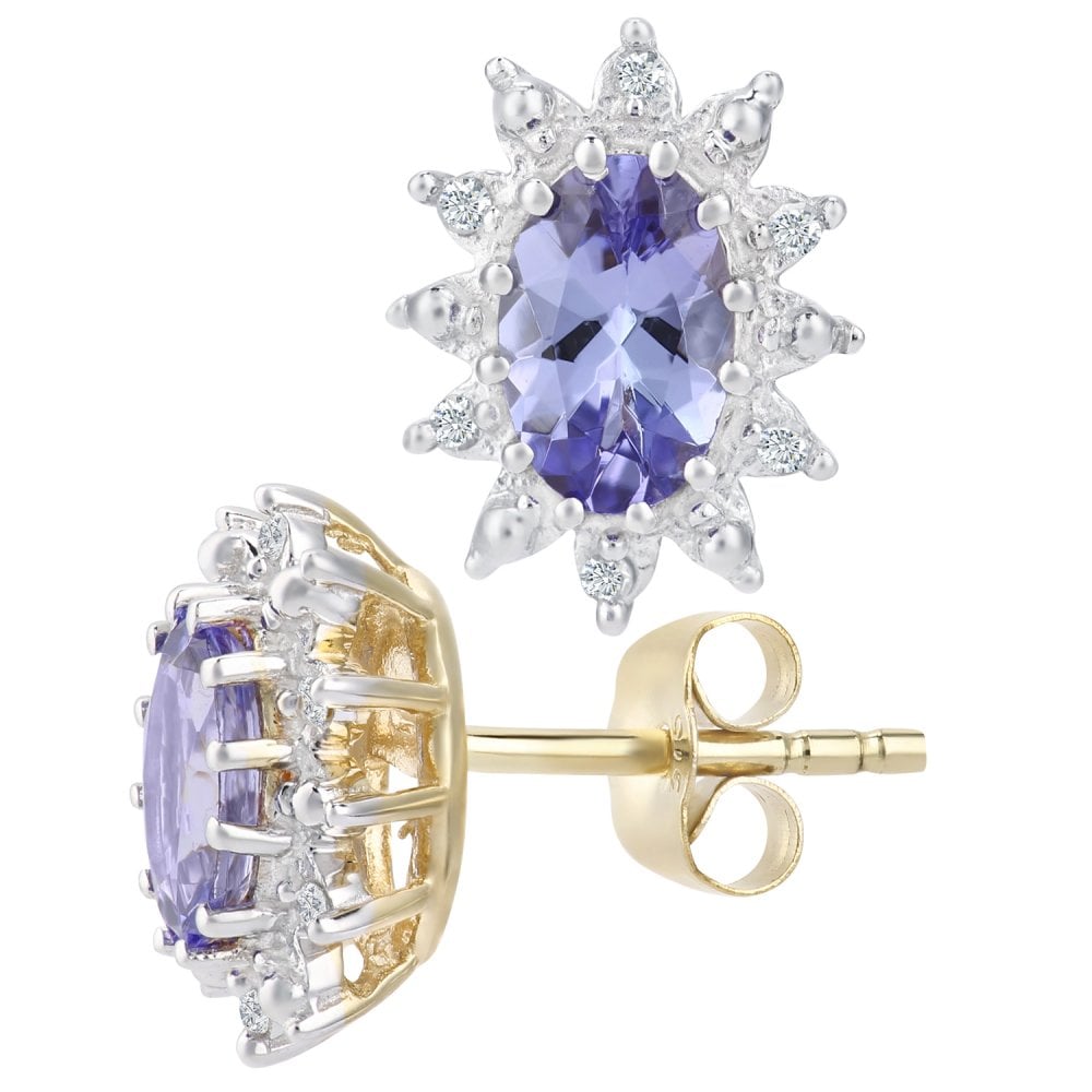 SPARKLD 9ct Yellow Gold Tanzanite and 0.05ct Diamond Cluster Earrings