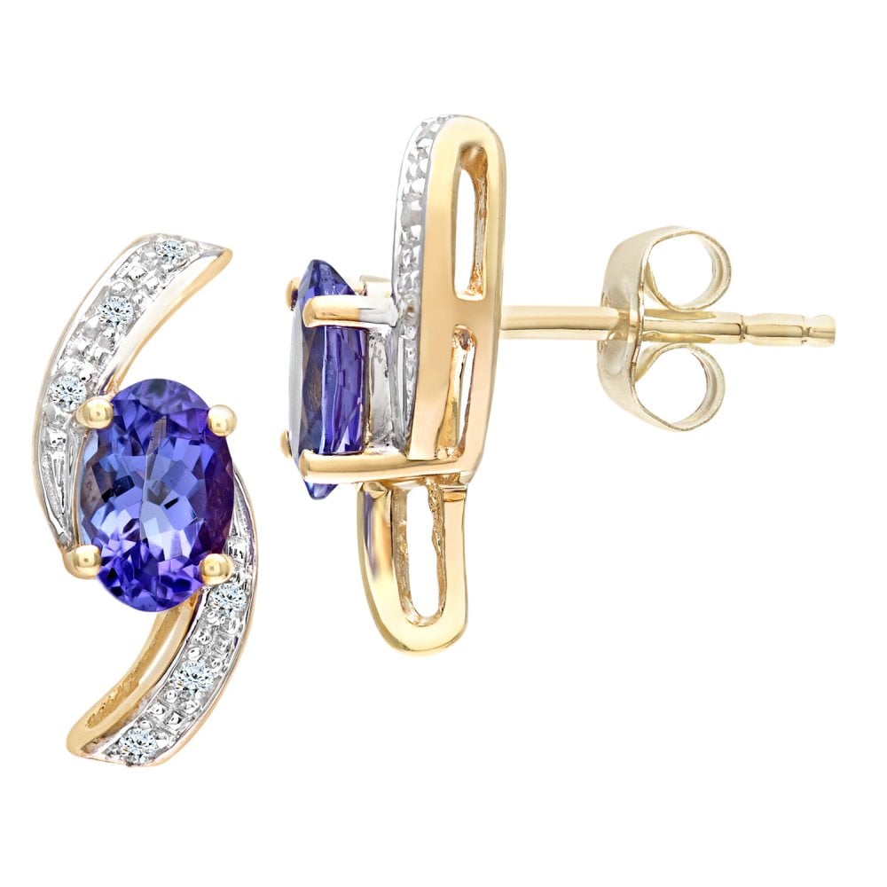 SPARKLD 9ct Yellow Gold Oval Tanzanite and 0.05ct Diamond Stud Earrings