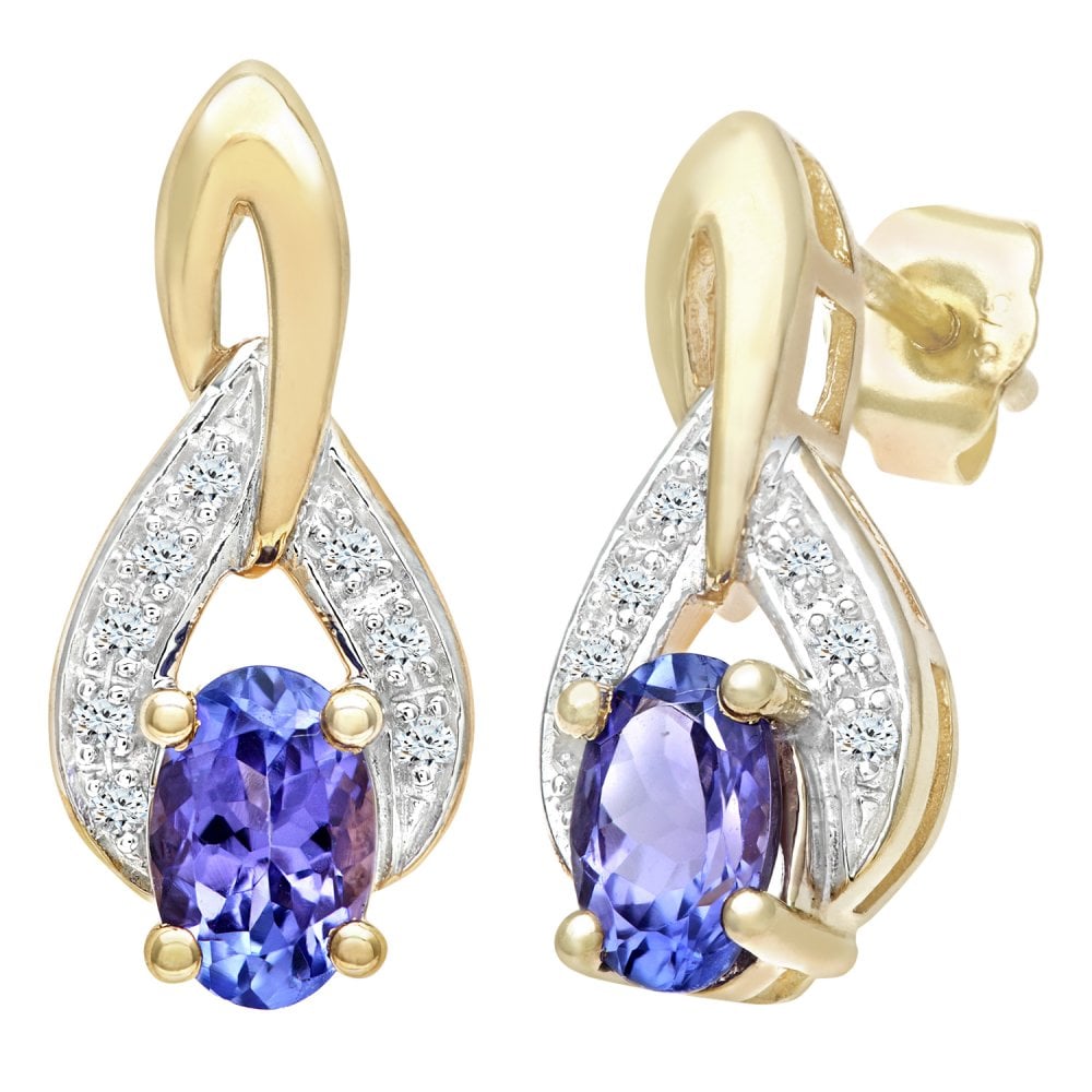 SPARKLD 9ct Yellow Gold Oval Tanzanite and 0.07ct Diamond Teardrop Earrings