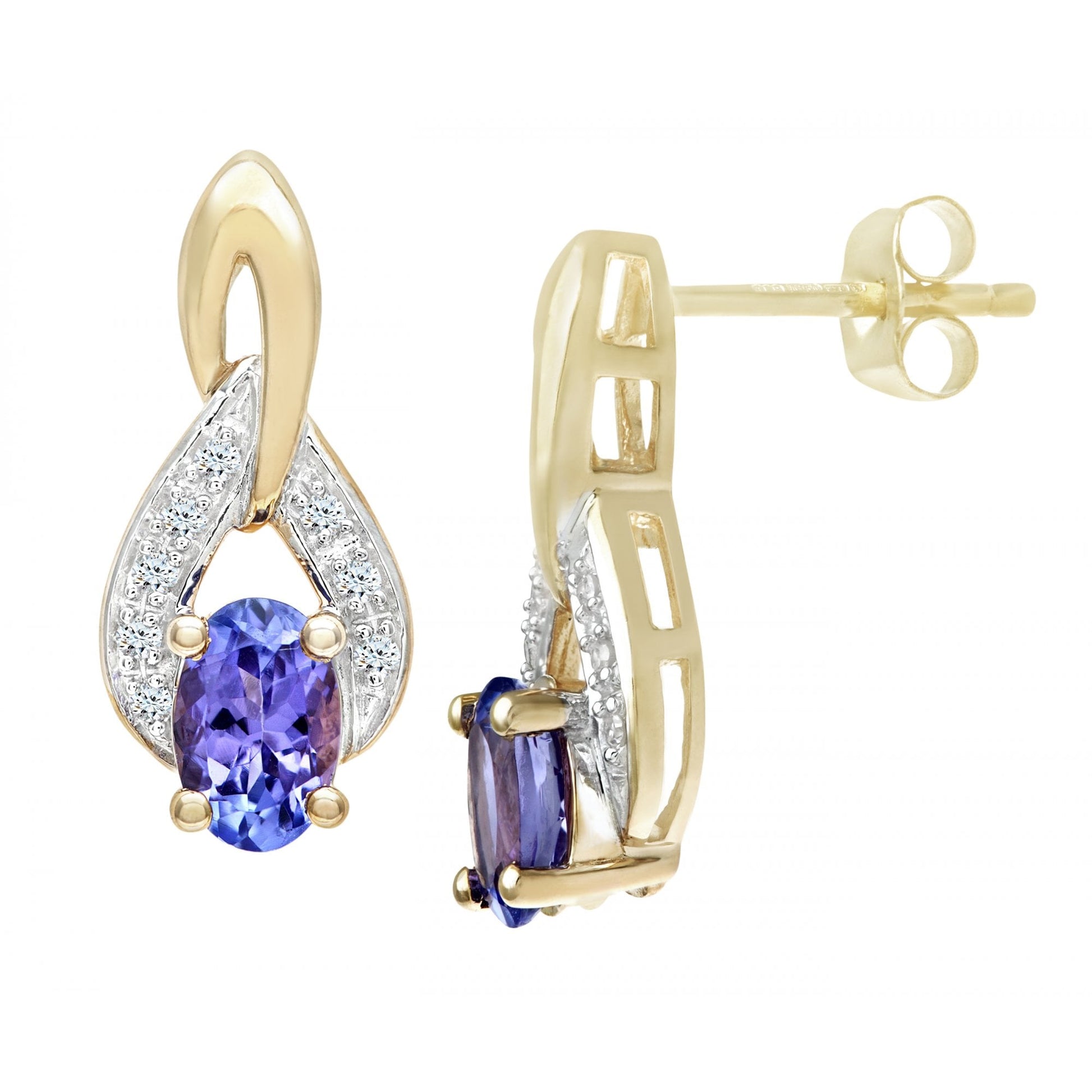 SPARKLD 9ct Yellow Gold Oval Tanzanite and 0.07ct Diamond Teardrop Earrings