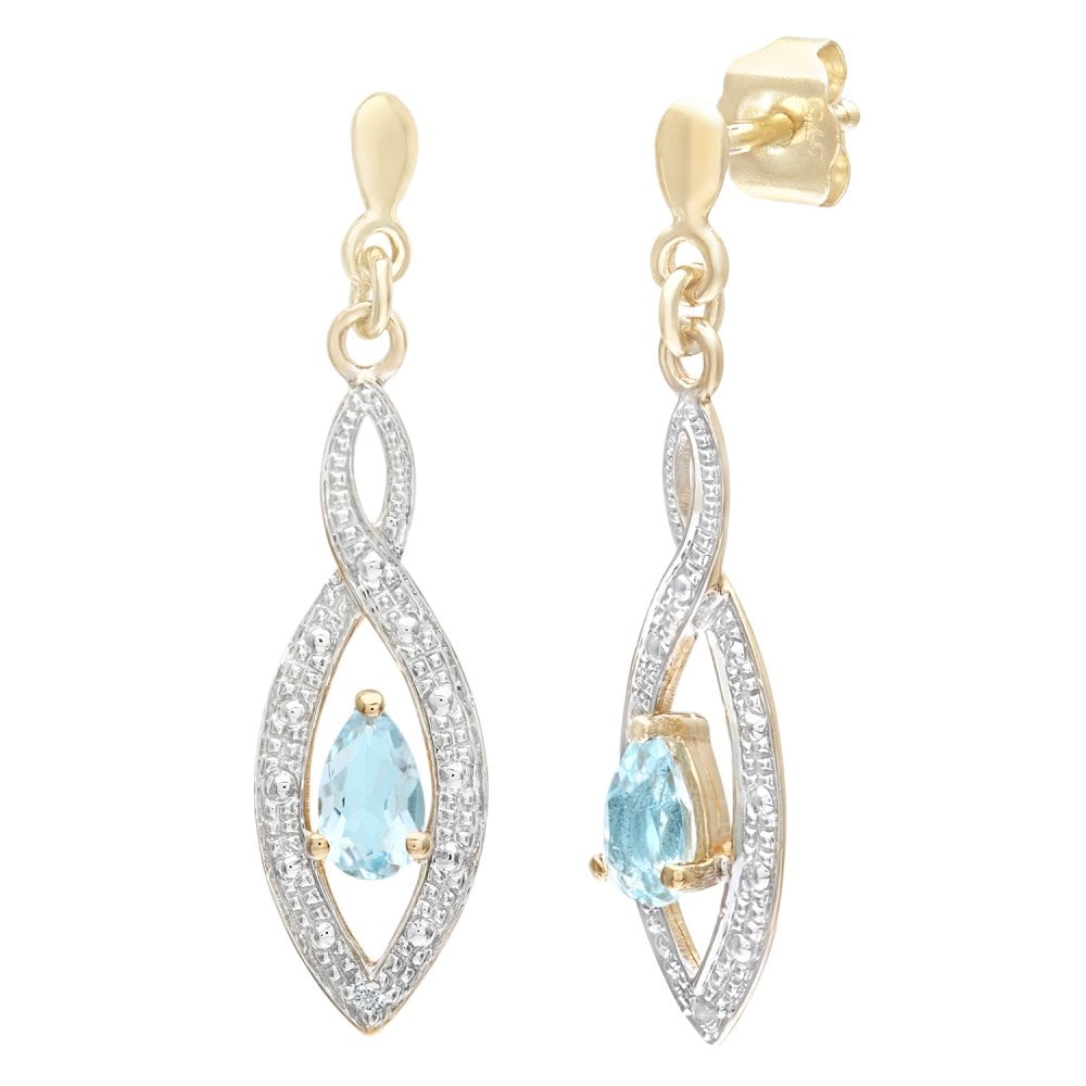 SPARKLD 9ct Yellow Gold Blue Topaz and 0.01ct Diamond Teardrop Earrings