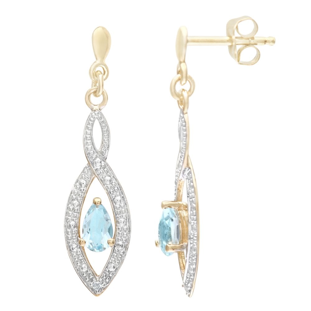 SPARKLD 9ct Yellow Gold Blue Topaz and 0.01ct Diamond Teardrop Earrings