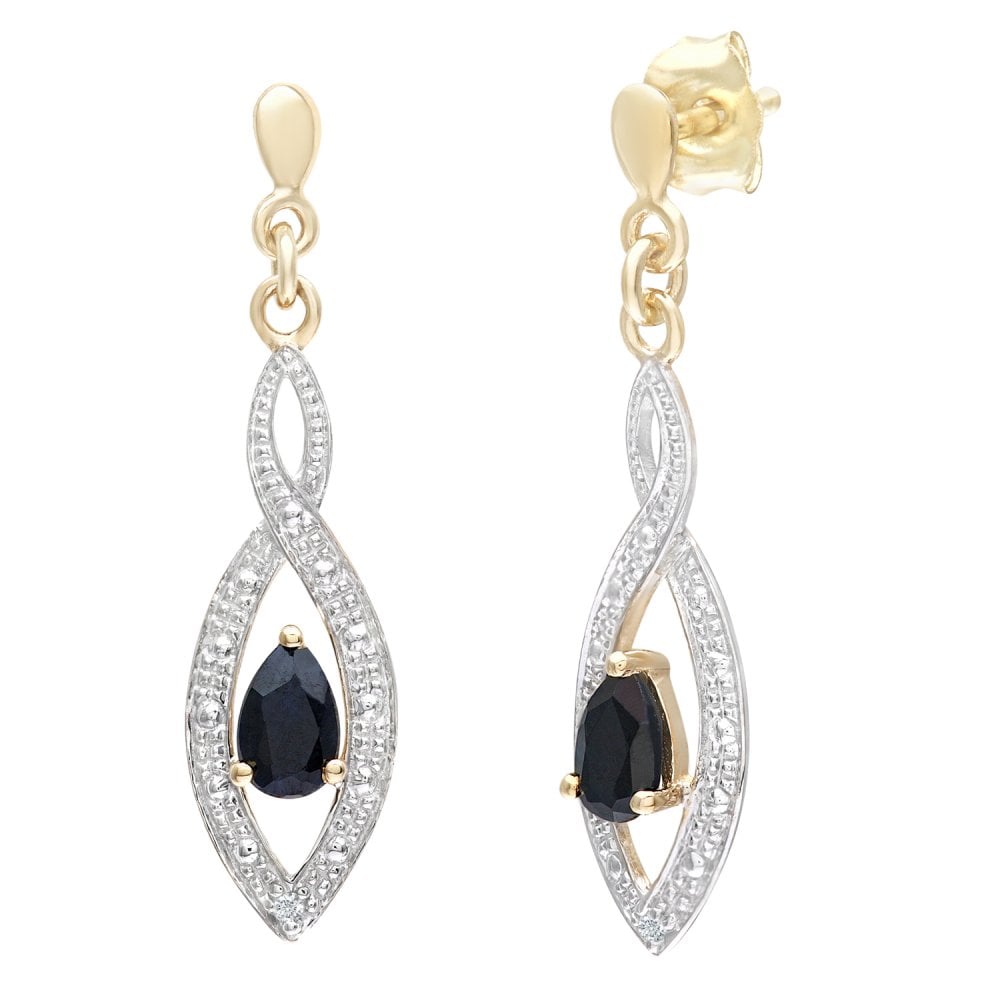 SPARKLD 9ct Yellow Gold Sapphire and 0.01ct Diamond Teardrop Earrings