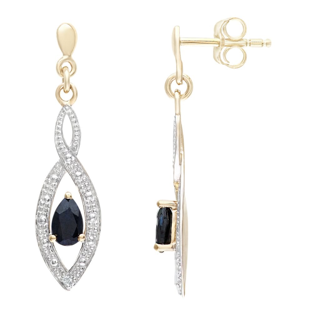 SPARKLD 9ct Yellow Gold Sapphire and 0.01ct Diamond Teardrop Earrings