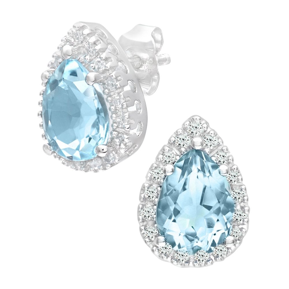 SPARKLD 9ct White Gold Blue Topaz and 0.13ct Diamond Halo Teardrop Stud Earrings