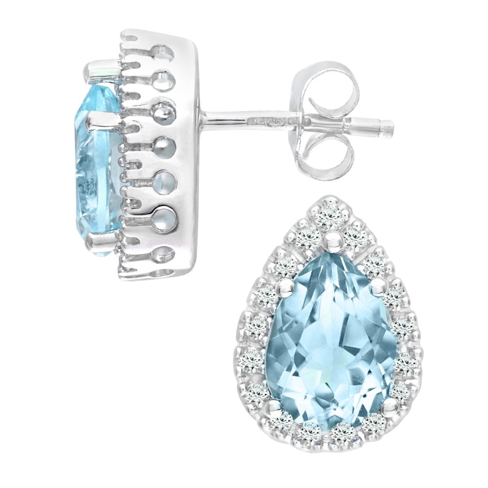 SPARKLD 9ct White Gold Blue Topaz and 0.13ct Diamond Halo Teardrop Stud Earrings