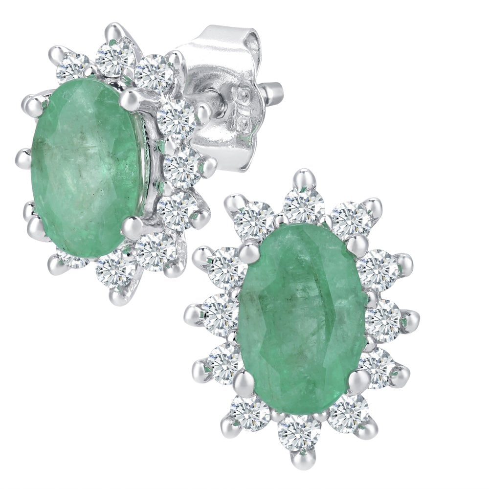 SPARKLD 9ct White Gold Oval Emerald Cluster 0.25ct Diamond Stud Earrings