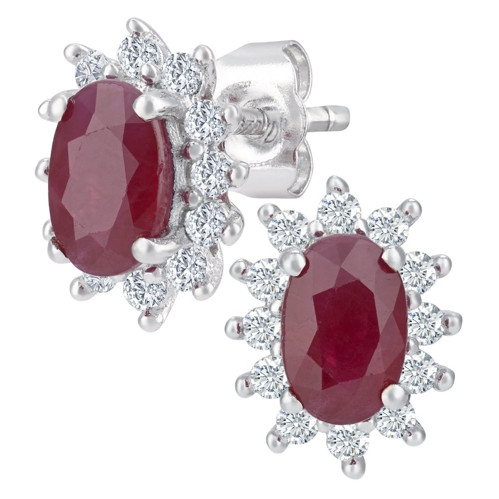 SPARKLD 9ct White Gold Oval Ruby Cluster 0.25ct Diamond Stud Earrings