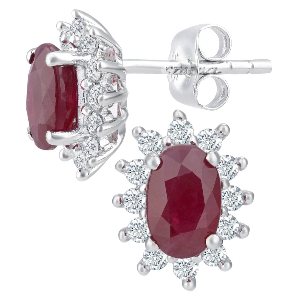 SPARKLD 9ct White Gold Oval Ruby Cluster 0.25ct Diamond Stud Earrings