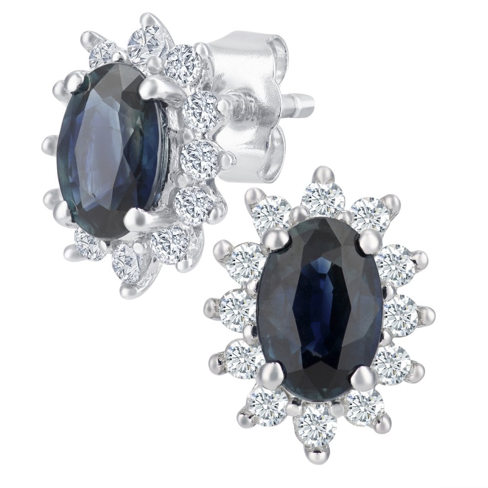 SPARKLD 9ct White Gold Oval Sapphire Cluster 0.25ct Diamond Stud Earrings