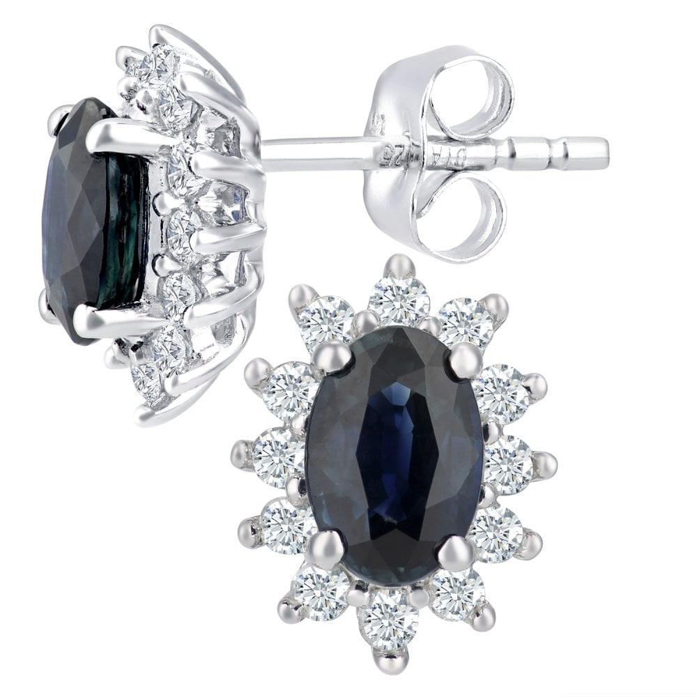 SPARKLD 9ct White Gold Oval Sapphire Cluster 0.25ct Diamond Stud Earrings