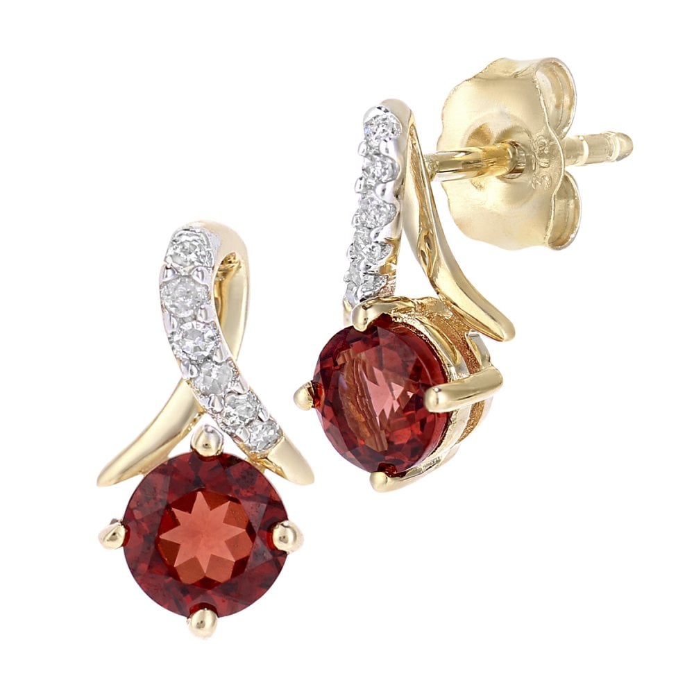 SPARKLD 9ct Yellow Gold Round Garnet and 0.05ct Diamond Twist Drop Earrings