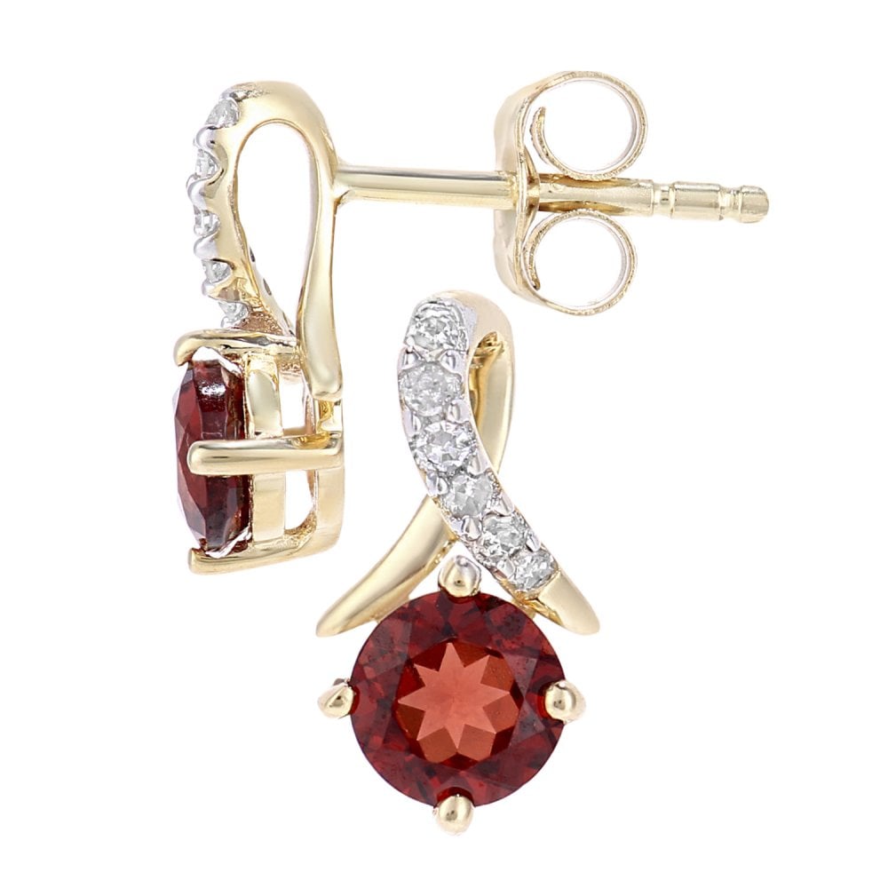 SPARKLD 9ct Yellow Gold Round Garnet and 0.05ct Diamond Twist Drop Earrings