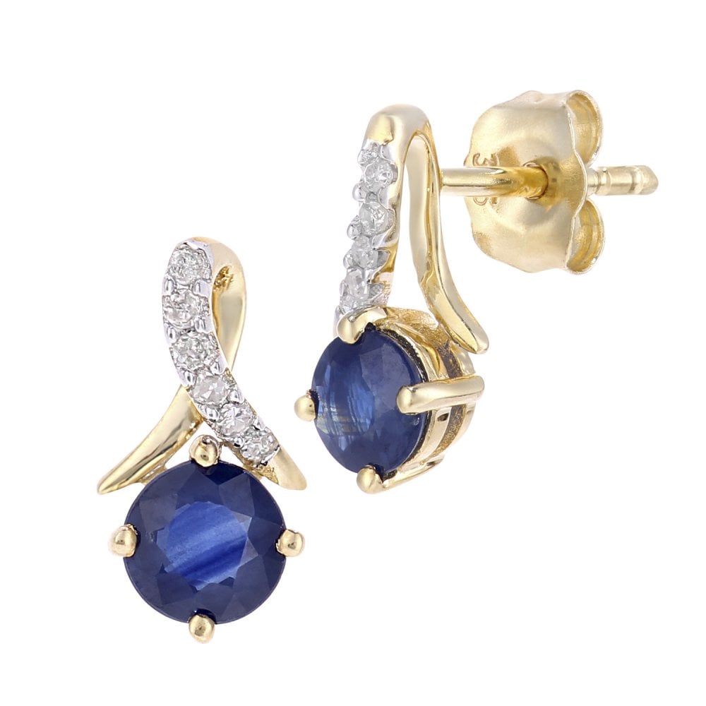 SPARKLD 9ct Yellow Gold Round Sapphire and 0.05ct Diamond Twist Drop Earrings