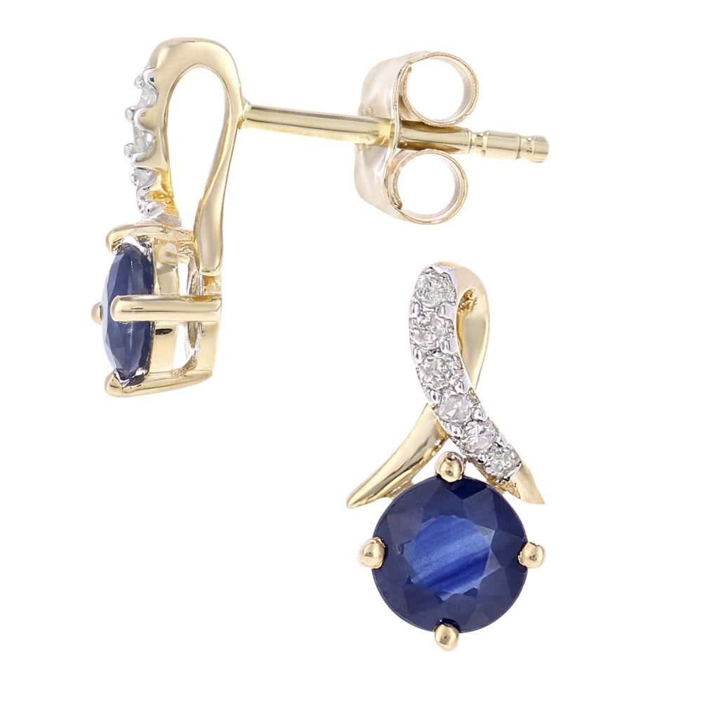 SPARKLD 9ct Yellow Gold Round Sapphire and 0.05ct Diamond Twist Drop Earrings