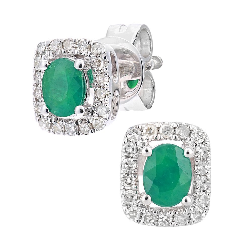 SPARKLD 9ct White Gold Emerald and 0.13ct Diamond Oval Gemstone Stud Earrings