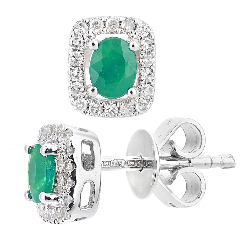SPARKLD 9ct White Gold Emerald and 0.13ct Diamond Oval Gemstone Stud Earrings