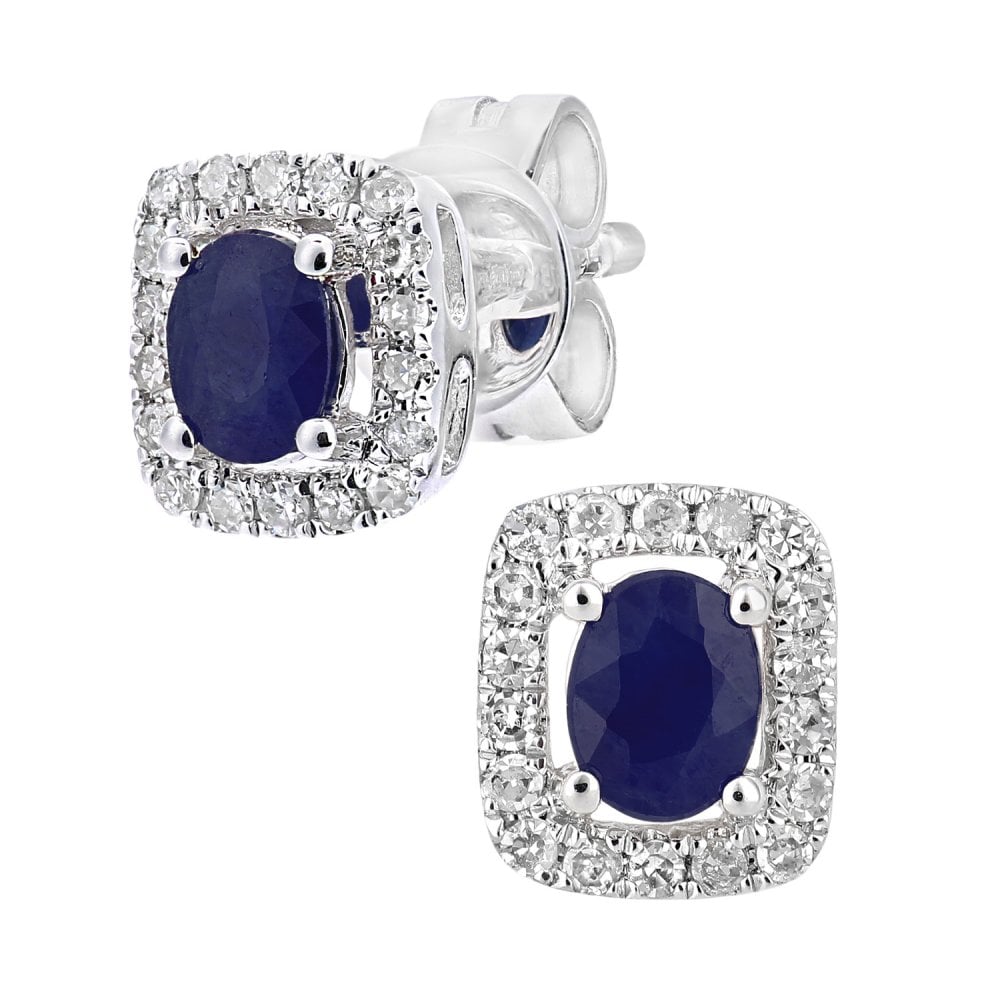 SPARKLD 9ct White Gold Sapphire and 0.13ct Diamond Oval Gemstone Stud Earrings