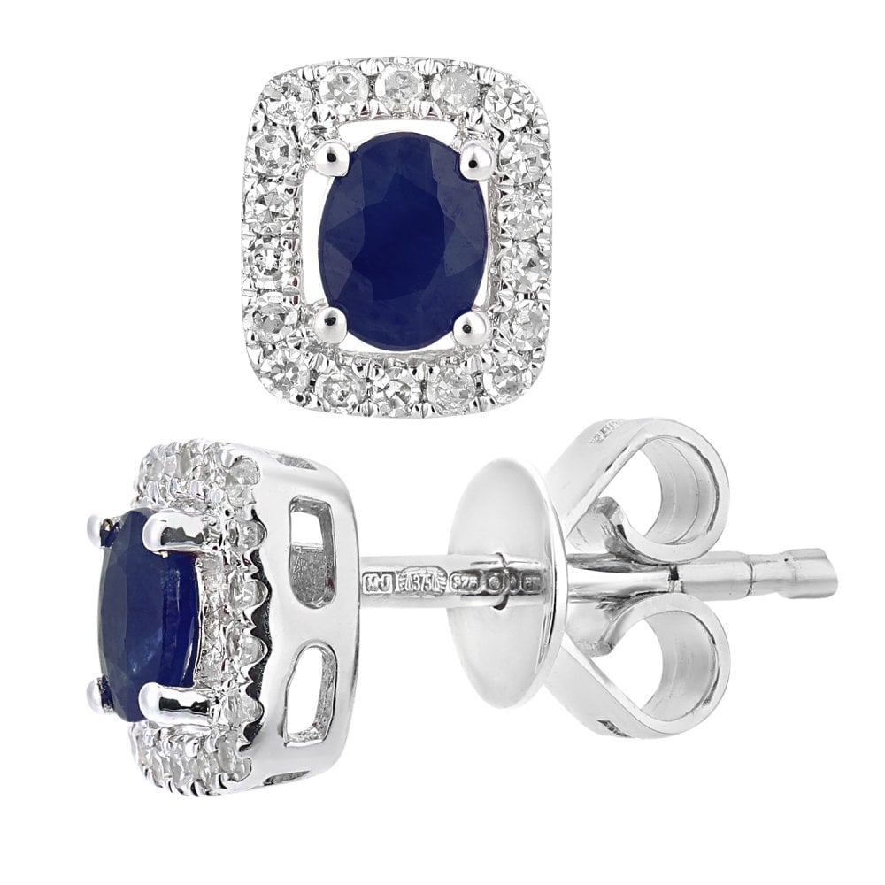 SPARKLD 9ct White Gold Sapphire and 0.13ct Diamond Oval Gemstone Stud Earrings