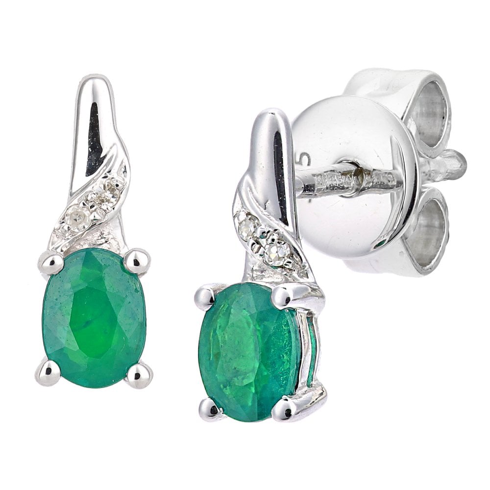 SPARKLD 9ct White Gold Emerald and 0.01ct Diamond Oval Gemstone Drop Earrings