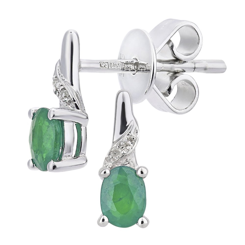 SPARKLD 9ct White Gold Emerald and 0.01ct Diamond Oval Gemstone Drop Earrings