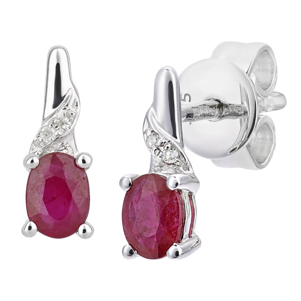 SPARKLD 9ct White Gold Ruby and 0.01ct Diamond Oval Gemstone Drop Earrings