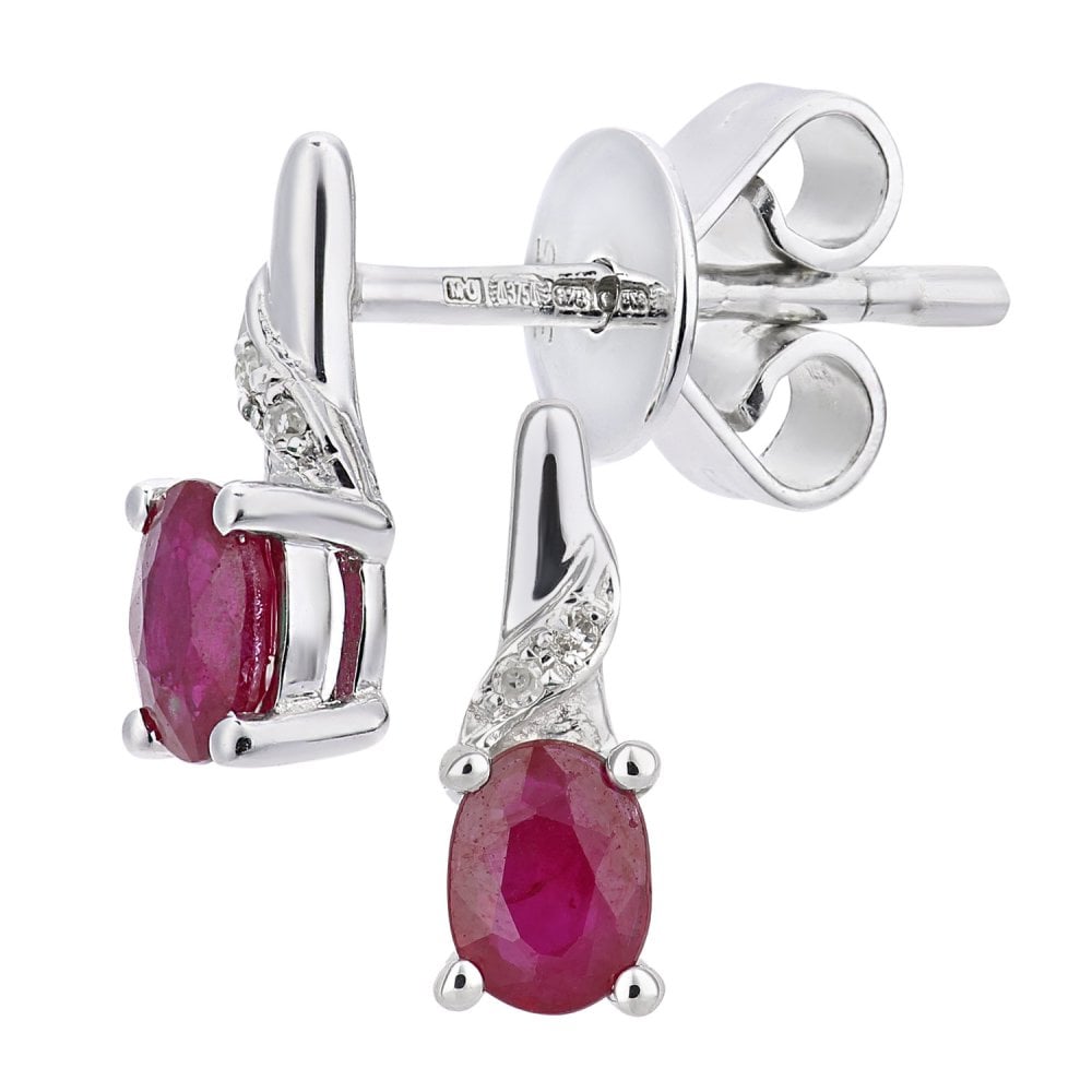 SPARKLD 9ct White Gold Ruby and 0.01ct Diamond Oval Gemstone Drop Earrings