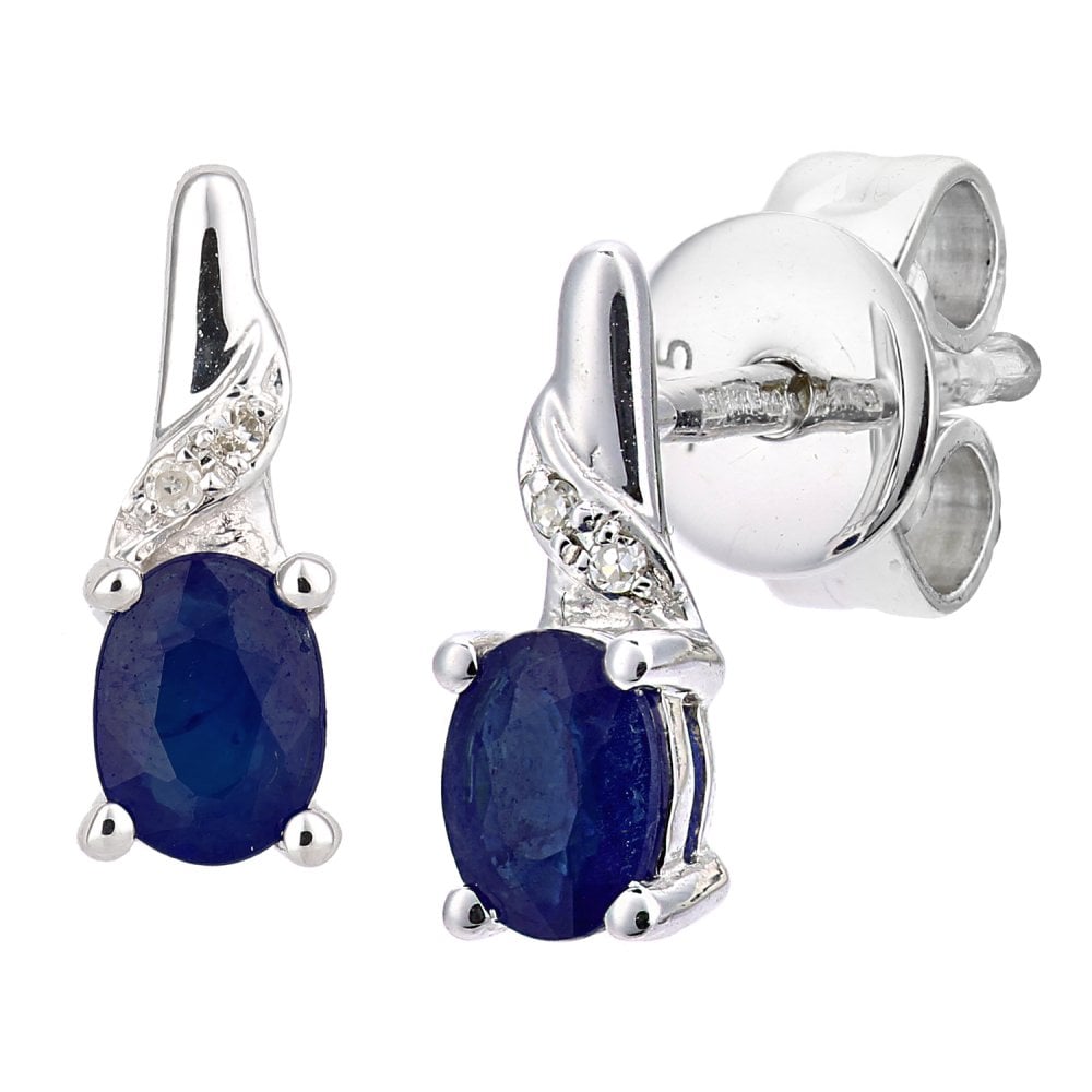 SPARKLD 9ct White Gold Sapphire and 0.01ct Diamond Oval Gemstone Drop Earrings