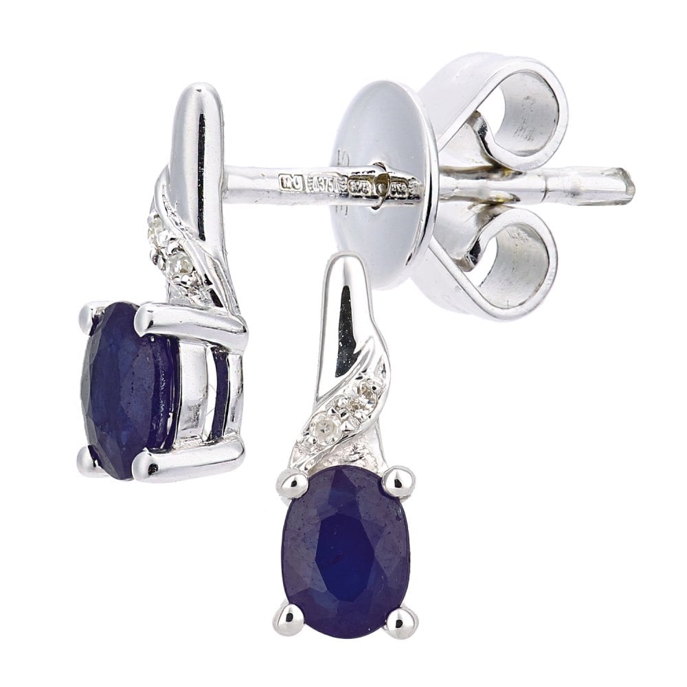 SPARKLD 9ct White Gold Sapphire and 0.01ct Diamond Oval Gemstone Drop Earrings
