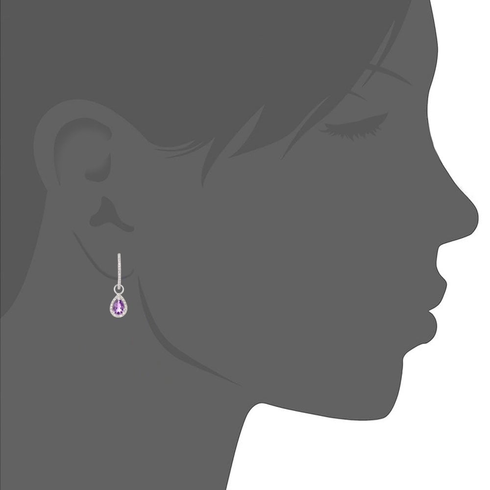 SPARKLD 9ct White Gold 0.18ct Diamond and Amethyst Teardrop Hoop Earrings
